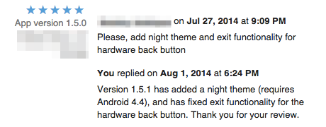 screenshot showing user feedback
